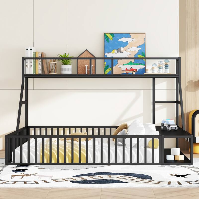 Kids Full Size Floor Bed with Safety Fence, Metal Frame, Desk & Storage - Playhouse Design, Black