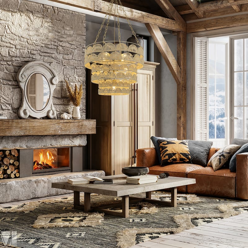 Auris 7-Light Rattan Tiered Chandelier, Coastal Boho - Handwoven - 23" Wide