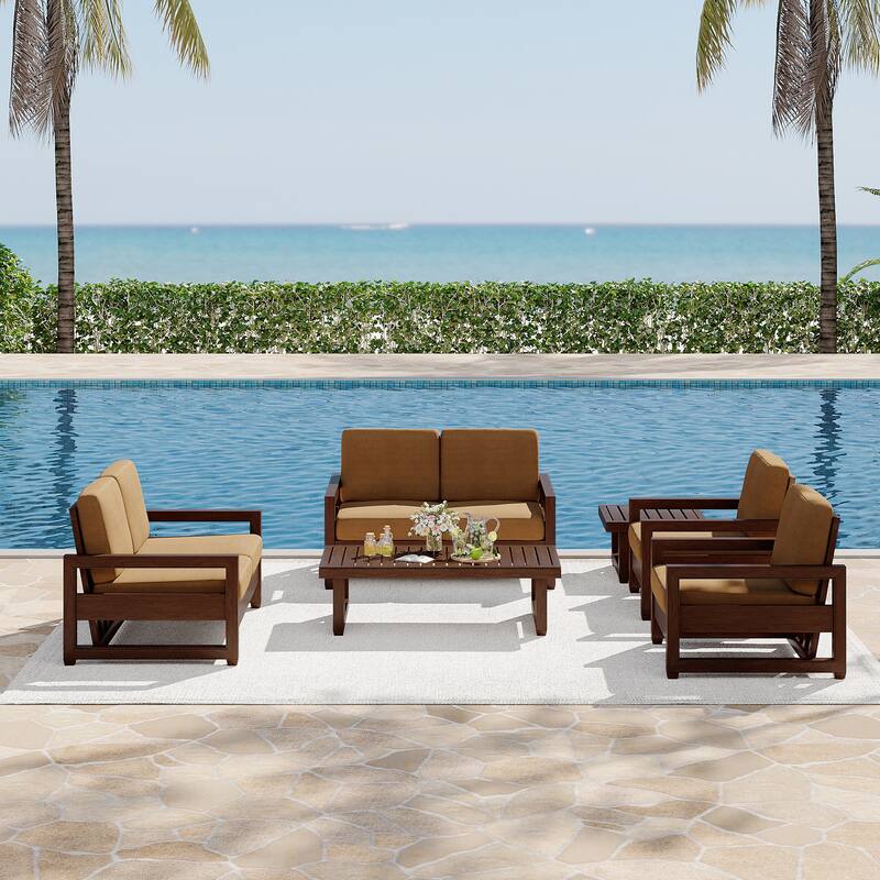 7-Piece Outdoor Teak Wood Conversation Set with Loveseat, Chairs and Tables