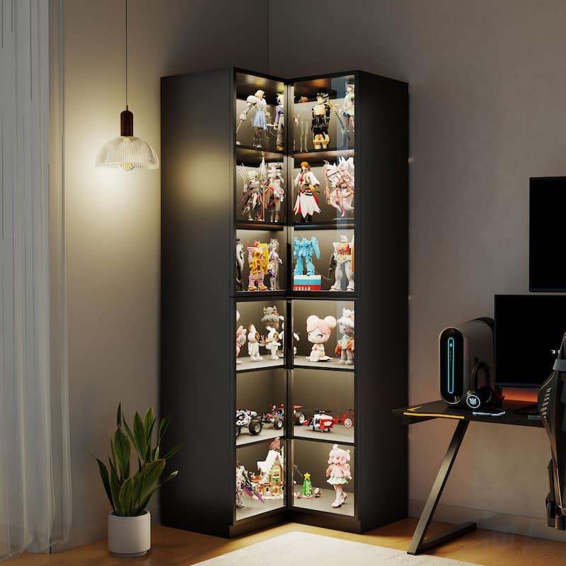 Tall Bookcase with LED Light, Modern 6-Tier Bookshelf Display Cabinet with Glass Door