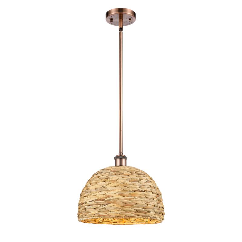 Innovations Lighting Woven Rattan - 1 Light 12" Stem Hung Pendant - Antique Copper/Natural Rattan