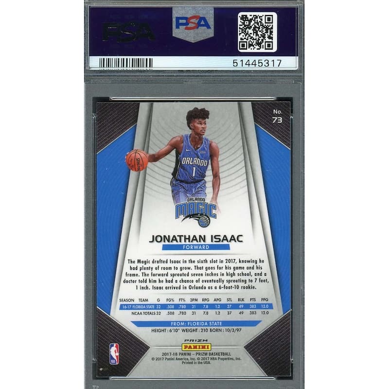 Jonathan Isaac 2017 Panini Prizm Green Basketball Rookie Card #73 PSA 9 - 8'6" x 11'6"