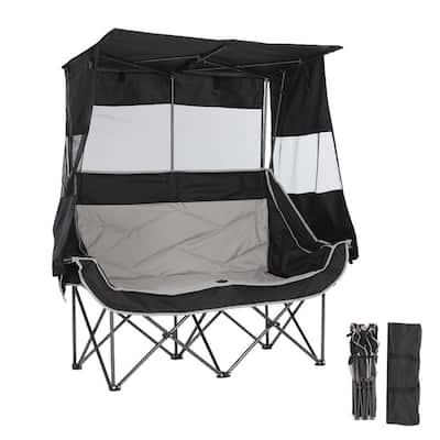 Double Folding Camping Loveseat with Canopy, Cooler, Cup Holders & Storage for Outdoor Activities