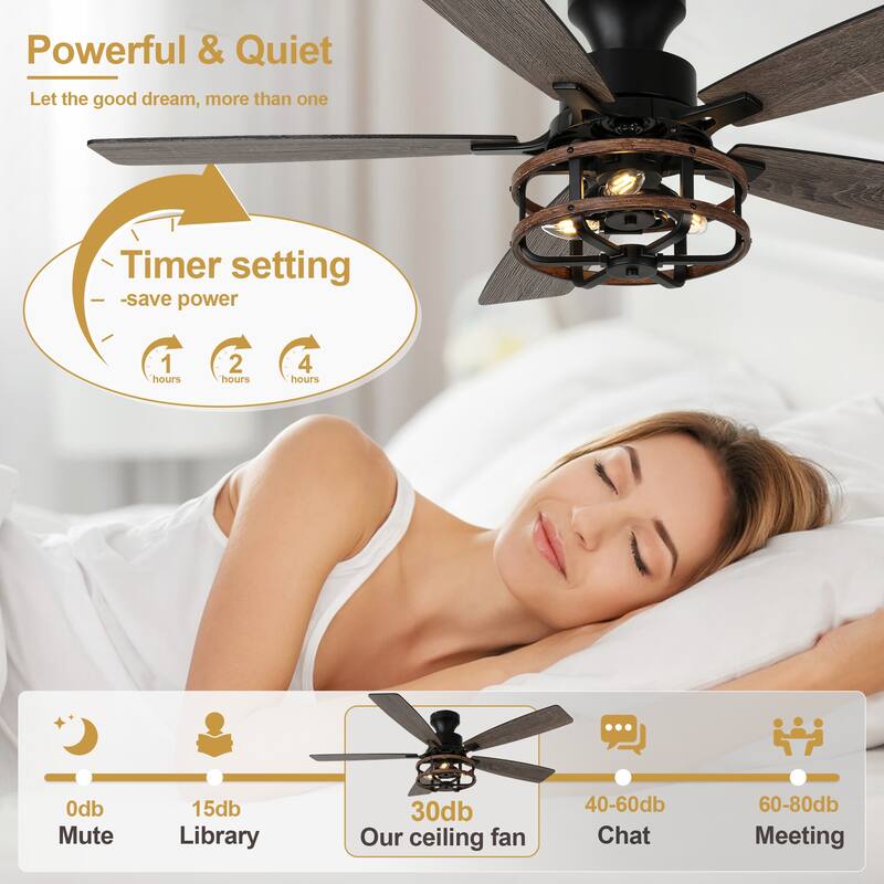 Cusp Barn 52-In Farmhouse Black Caged Ceiling Fan with Lights and Remote Control, Low Profile Flush Mount Chandelier Ceiling Fan
