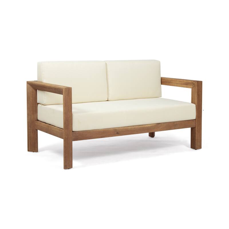 Outdoor Loveseat and Coffee Table Set, Beige Fabric, Brown Acacia Wood