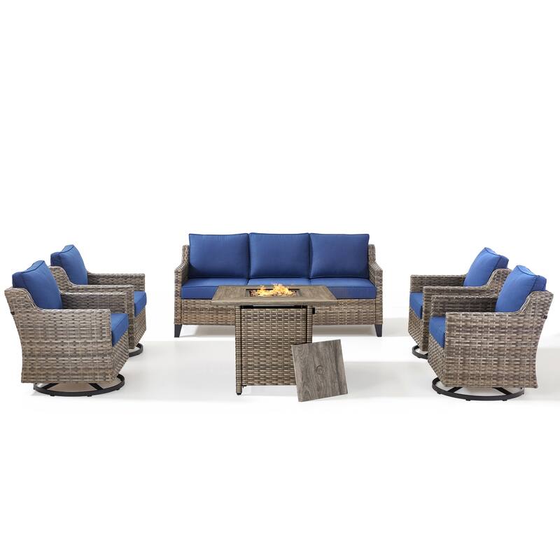 Pocassy Outdoor Swivel Chair with Sofa with Fire Pit Table