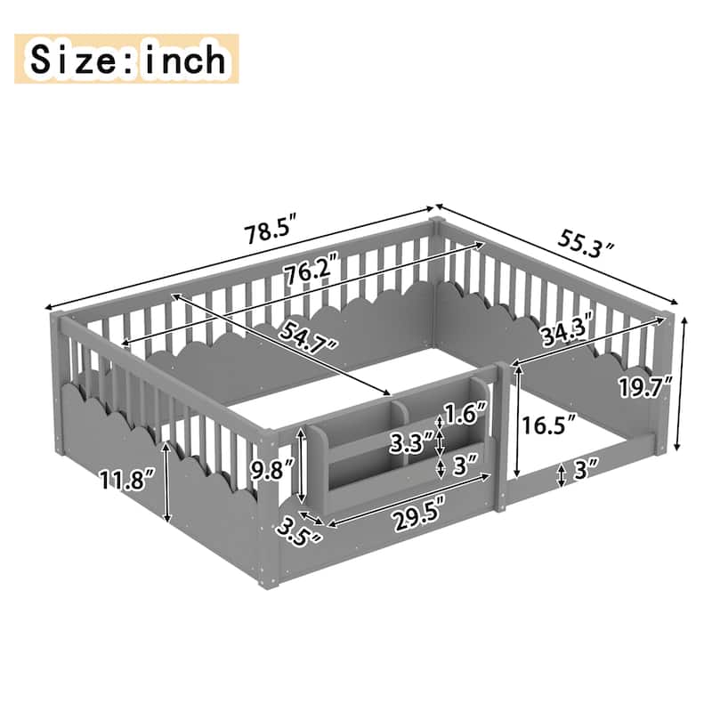 Montessori Floor Bed Kids Bed Frame with Heightened Fence and Bookshelf, Wavy Decoration Wood Platform Bed, No Slats Design