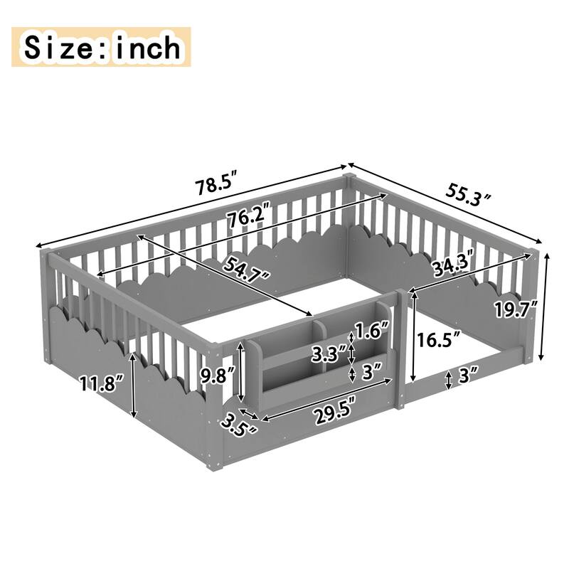 Roomfitters Floor Bed with Bookshelf and Heightened Fence, Solid Wood Frame with Guardrails