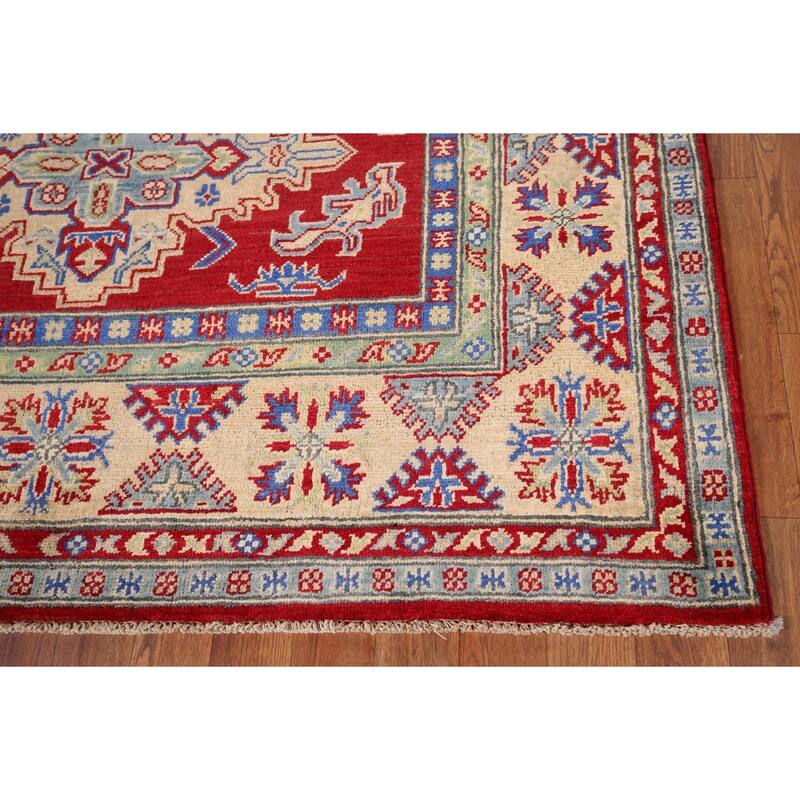 Geometric Red Kazak Rug Handmade Oriental Wool Carpet - 5'1" x 6'9"