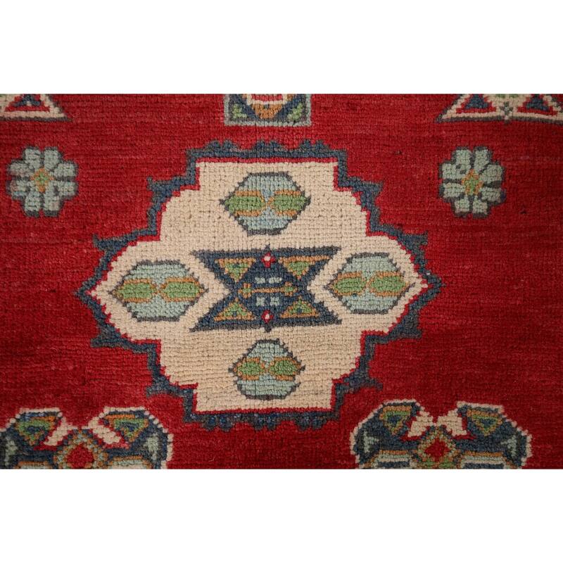 Geometric Red Kazak Accent Rug Hand-Knotted Bedroom Wool Carpet - 3'10" x 5'10"
