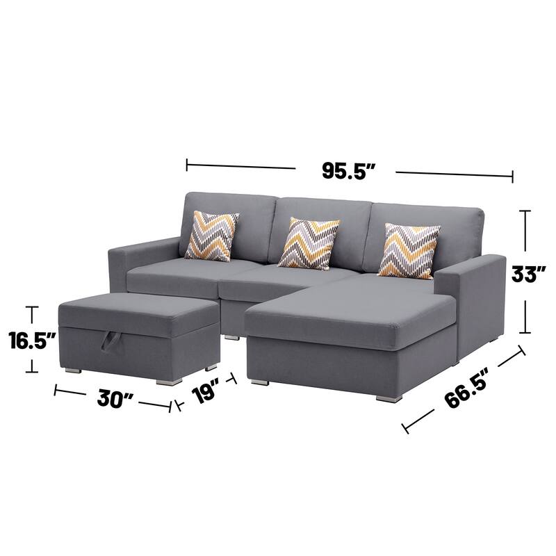 Linen Fabric 4 Piece Reversible Sofa Chaise with Interchangeable Legs and Storage Ottoman in Grey