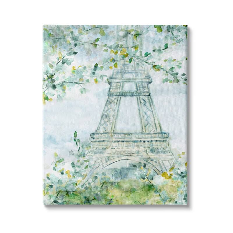 Stupell Watercolor Eiffel Tower Painting Soft Green Leaf Trees Canvas Wall Art
