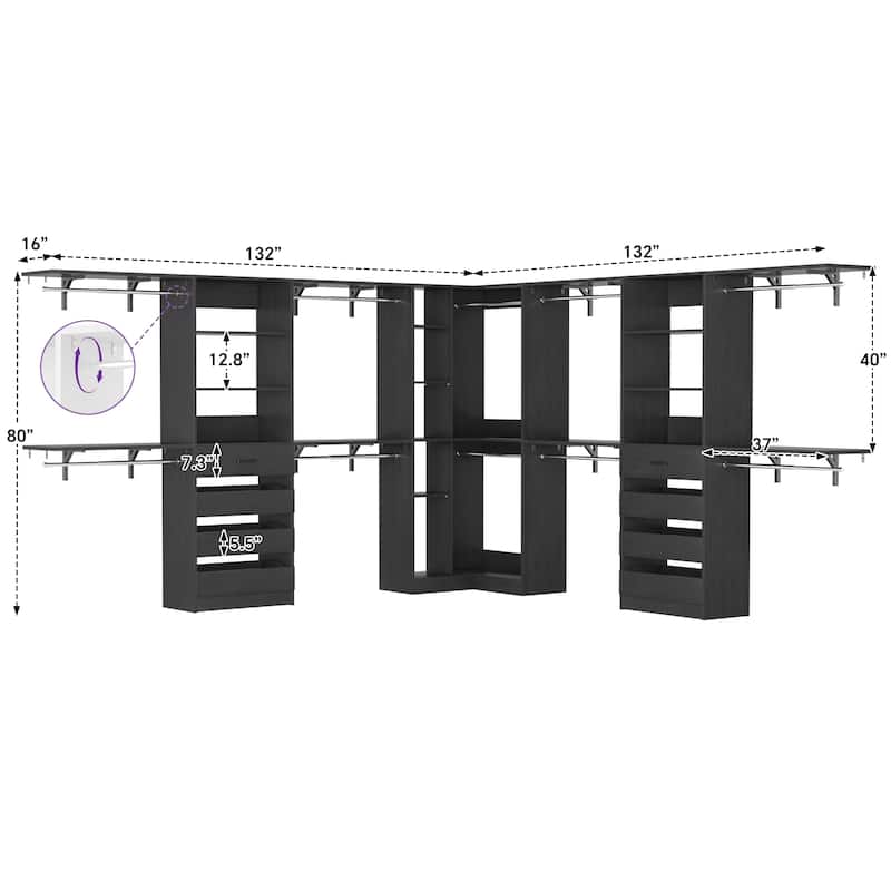 Set of 3 Closet Organizer with 10 Hanging Rods, Adjustable 132'' Corner Closet System with Tower Shelves