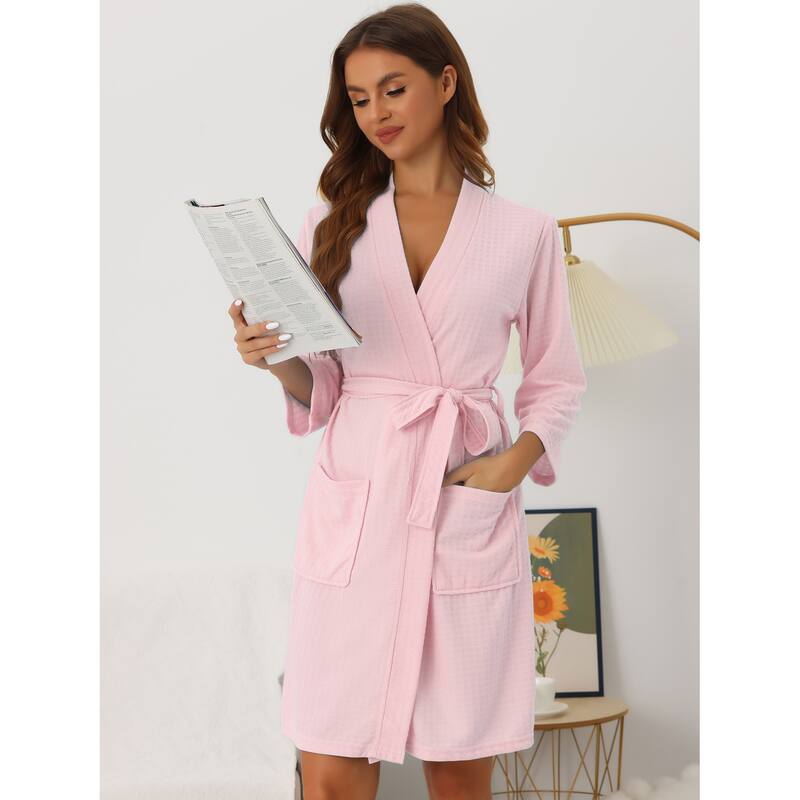 Womens Waffle Bathrobe Soft Kimono Spa & Bath Mid-Length Robes - Pink - S