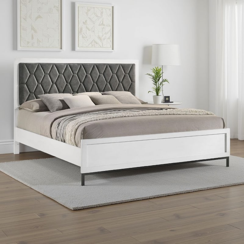 Noro California King Bed, White Melamine, Hexagonal Tufted Upholstery