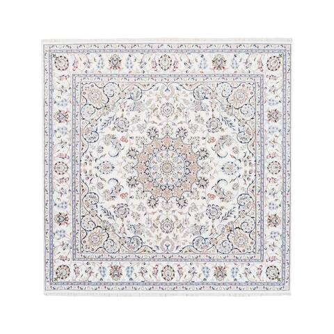 Shahbanu Rugs Wool and Silk 250 KPSI Nain Ivory Hand Knotted Medallion and Flowers Design Fine Oriental Rug (7'1" x 7'1")
