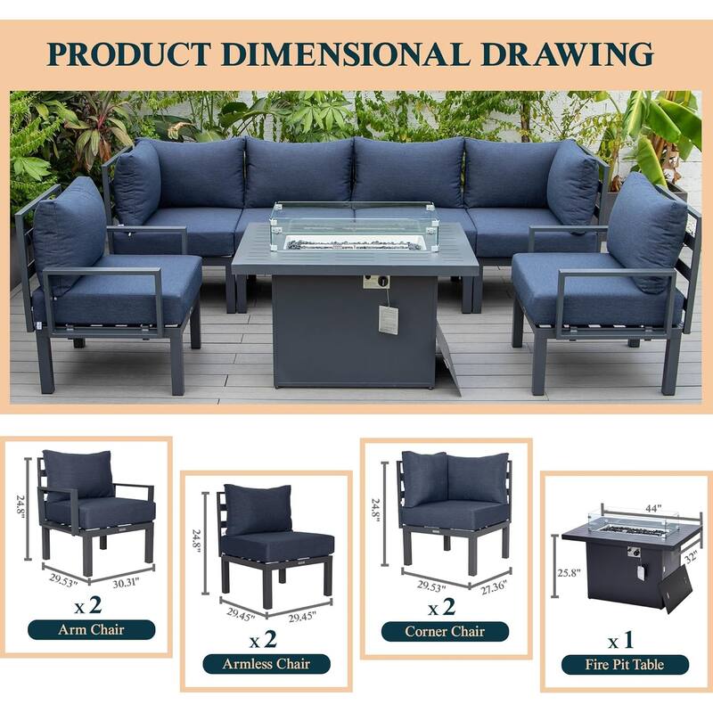 Chelsea 7-Piece Outdoor Patio Sectional Set with Firepit Table in Black Aluminum for Backyard Garden and Patio Deck