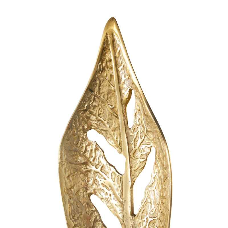 Gold Aluminum Metal Tall Textured Cutout Leaf Sculpture with White Marble Base