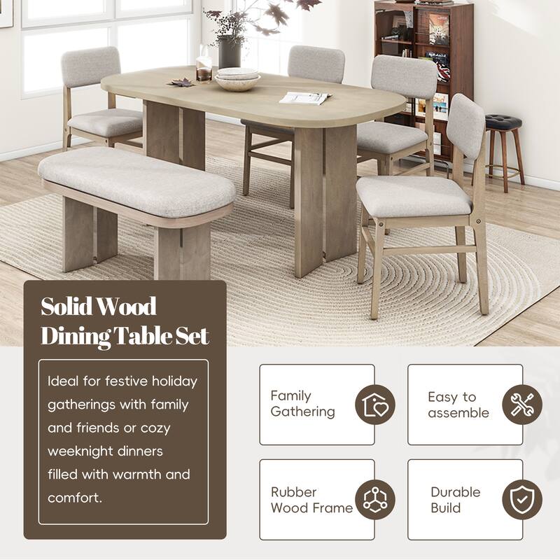 Solid Wood Dining Table Set with Bench - 6-Piece Upholstered Rectangular Dining Room Table Set with Bench