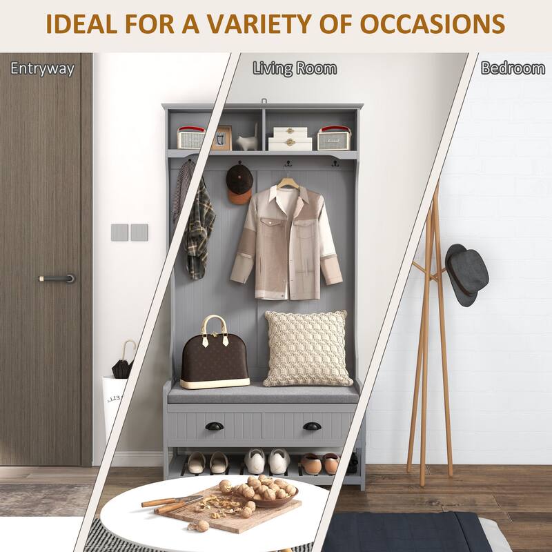 3-in-1 Coat Rack with Shoe Rack, 2 Drawers, 4 Hooks and Seat Cushions