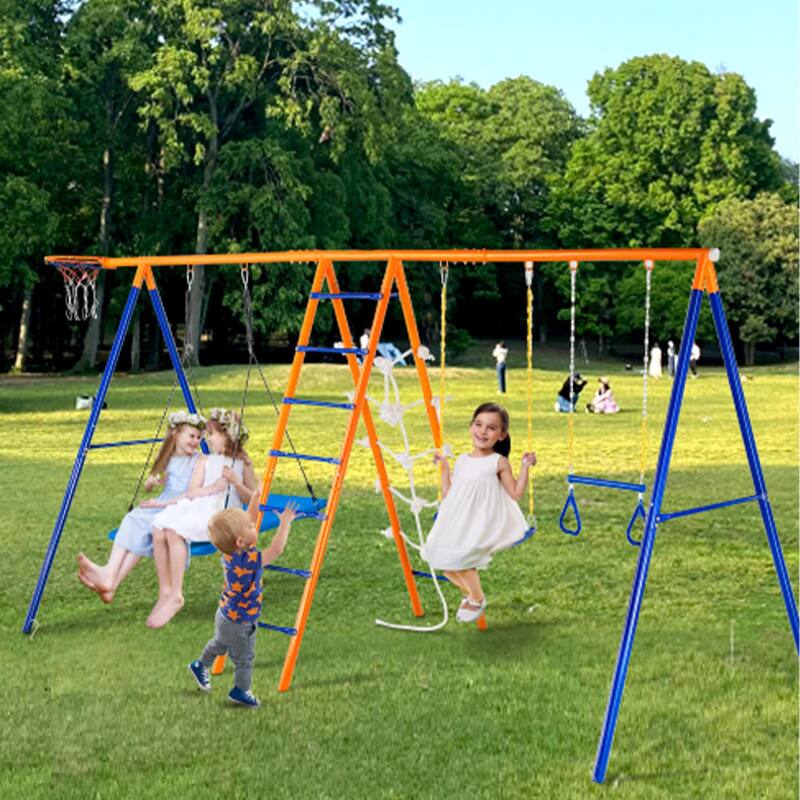 6 in 1 Outdoor Metal Swing Set Includes 2 Swings and Ladder Ideal for Kids - 165.35”L x 70.08”W x 80.31”H