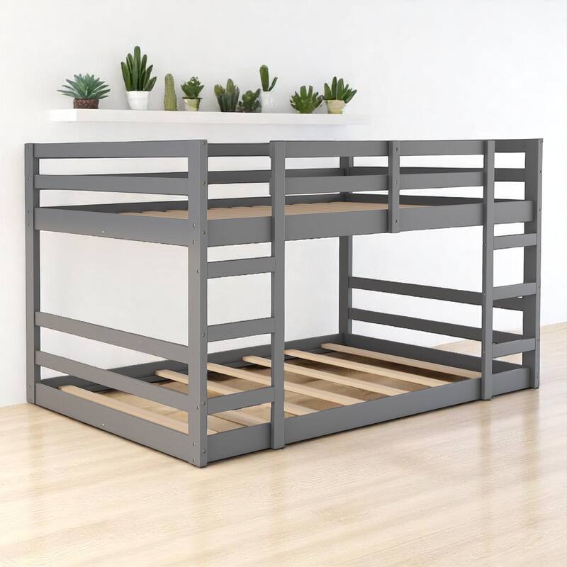 Full Over Full Bunk Bed with Ladder and Guardrails, Solid Wood Frame, No Box Spring Required