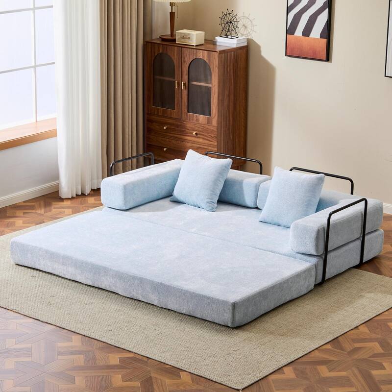 Chenille Floor Sleeper Sofa Bed Foldable Loveseat Couch Futon Sofa with Removable L-shaped Armrest and Movable Iron Frame - Light Blue