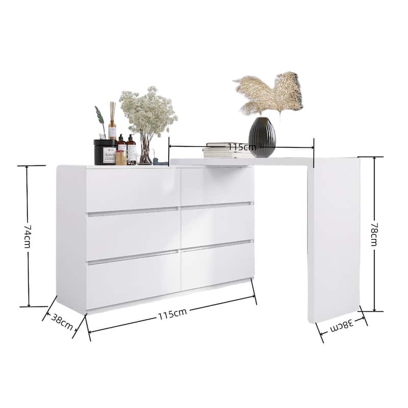 Makeup Vainty Desk and Dresser Combo, L-Shaped Makeup Table Extendable Dressing Table 6 Drawers Dresser