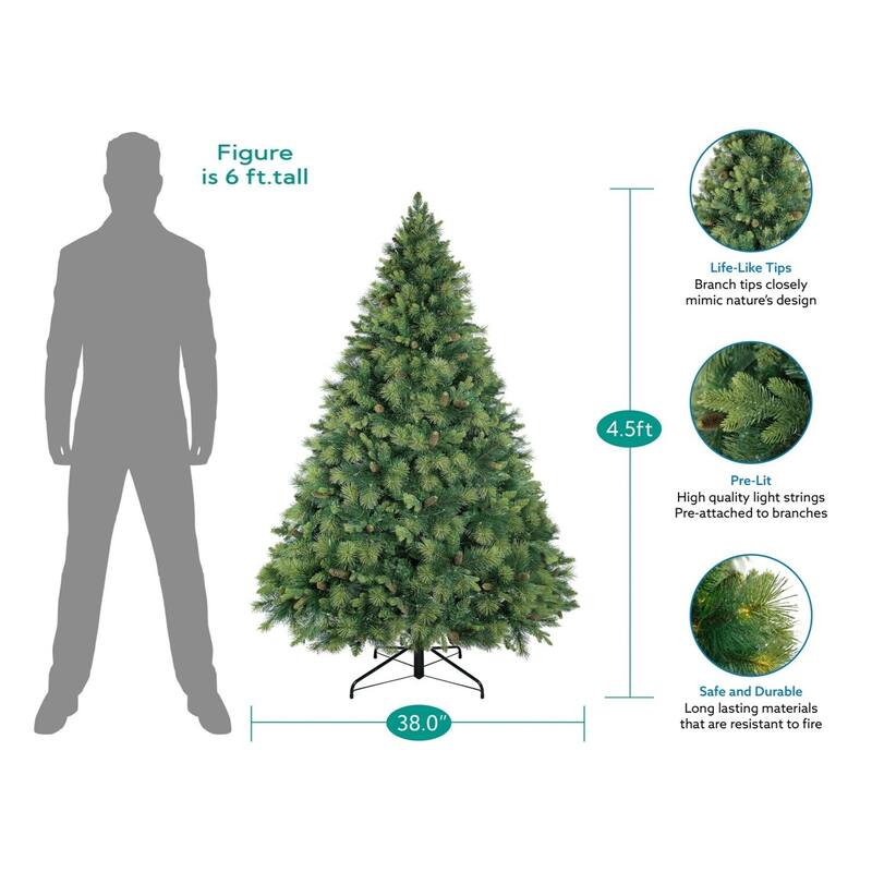 Real Tree Mimic Pre-Lit Artificial Christmas Tree with Fluffy PVC Branches, Folding Metal Base, and Easy 3-Step Assembly