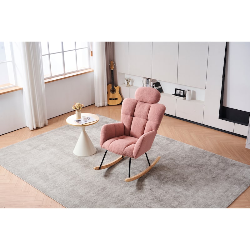 Comfortable Teddy Fabric Upholstered Rocking Chair with High Backrest and Pillows for Indoor Use