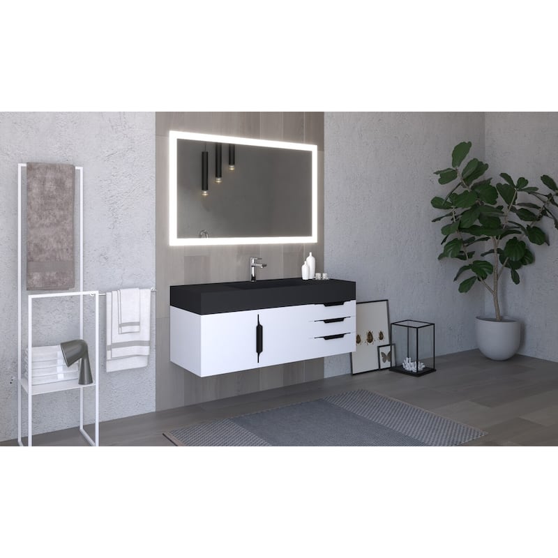 Amazon 48" Wall Mounted Bathroom Vanity Set w/ Black Top