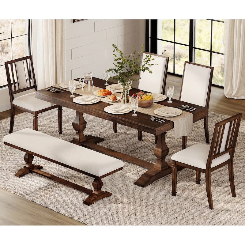 6-pieces Farmhouse Dining Table for 6, 74.8" Kitchen Table Set with 4 Chairs and Bench, Solid Wood Legs and Cushion Seat - Bench & ChairBD