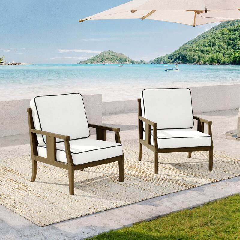 2 Set Brown Wood Outdoor Accent Club Chairs with Water-Resistant Cushions
