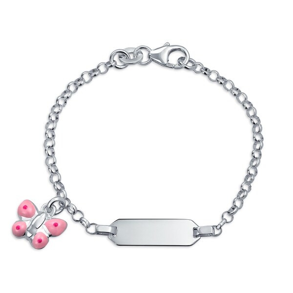 ID Tag Bracelet Butterfly Charm Dangle Sterling Silver Pink for Wrists. Opens flyout.