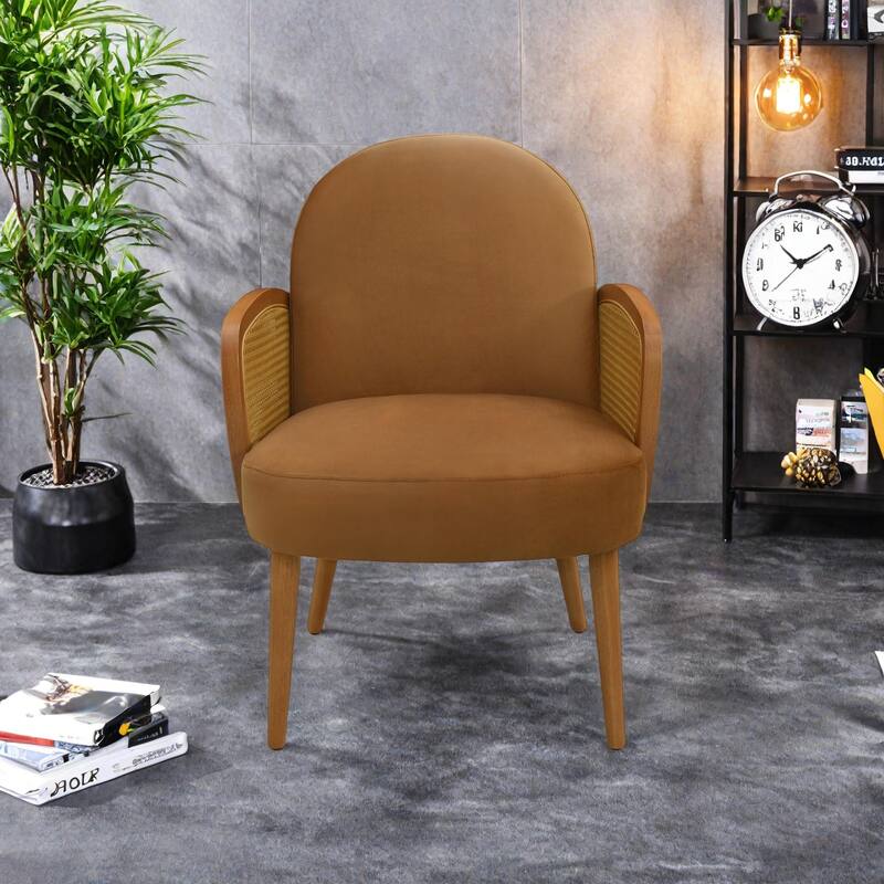 Velvet Accent Chair with Rattan Armrests, Rubberwood Legs and Ergonomic Back Support - Brown