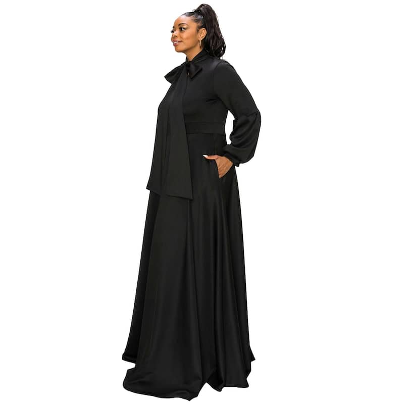 L I V D Women's Plus Size Bella Donna Dress with Ribbon and Bishop Sleeves - 1X - Black