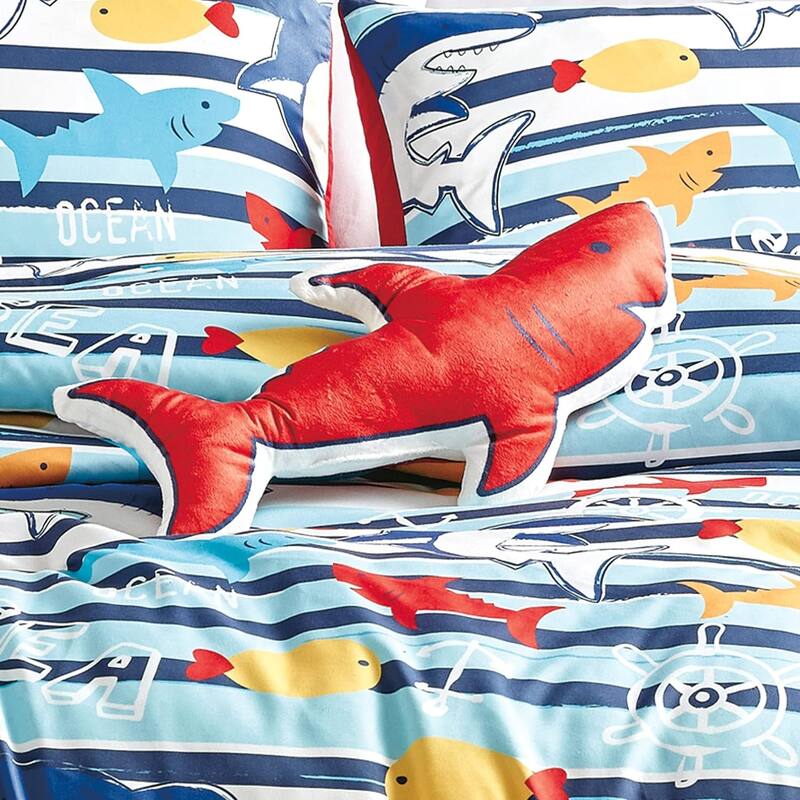 Blue Sharks Fish Sea Life Kids Comforter Set Embroidery Soft Bedding Set