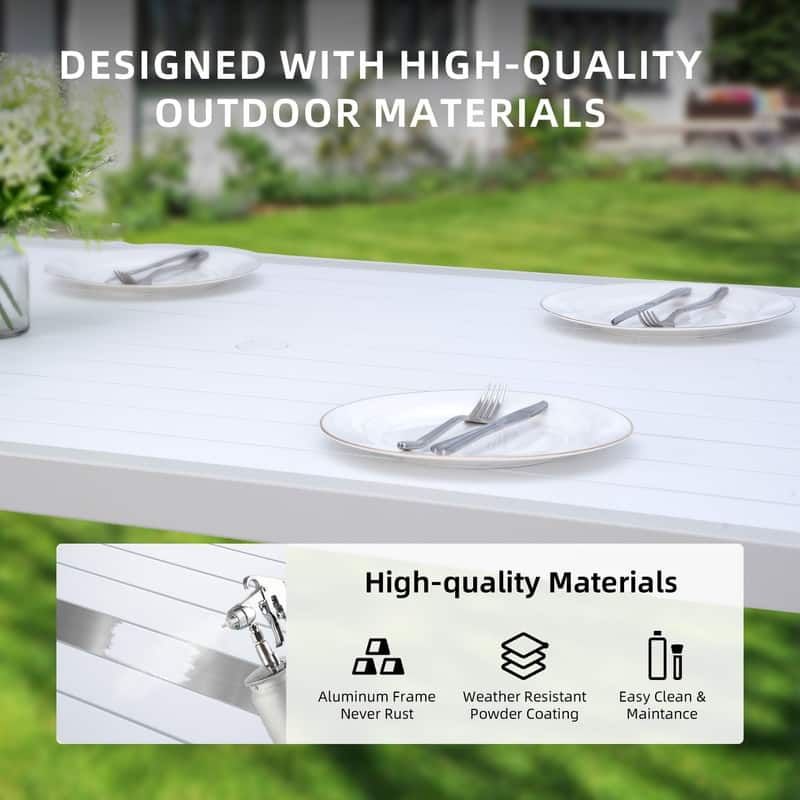 6-Piece Aluminum Patio Dining Set with Sunbrella Cushions – Includes 4 Chairs, 1 Bench & a Two-Tone Table with Umbrella Hole.