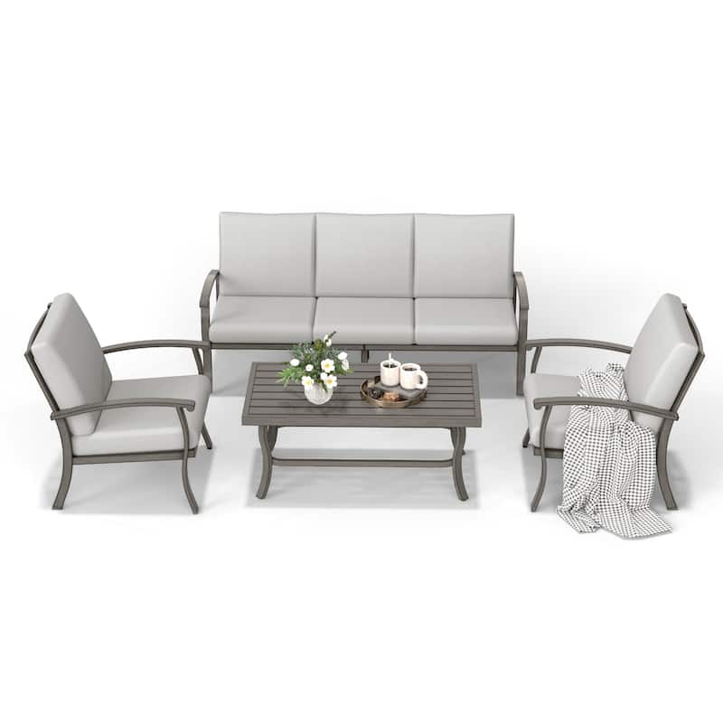 5-Person Aluminum Patio Conversation Set with Coffee Table, Sofa and Light Gray Cushions