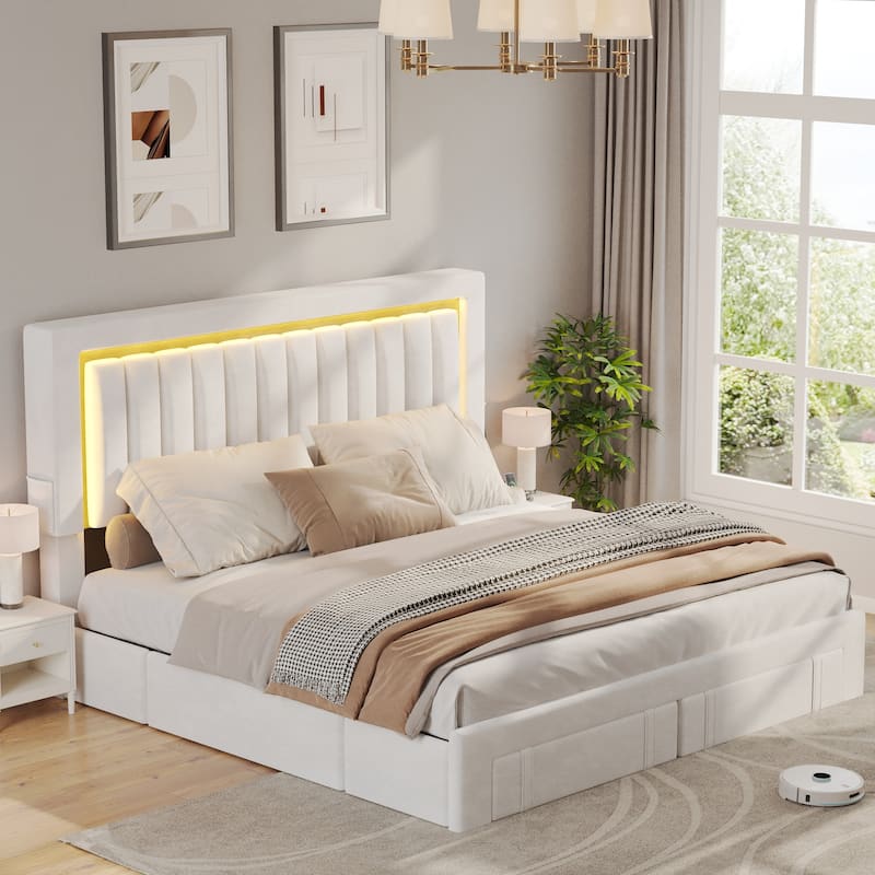 Velvet Upholstered Platform Bed Frame with Adjustable Headboard and 4 Storage Drawers & RGB LED Lights