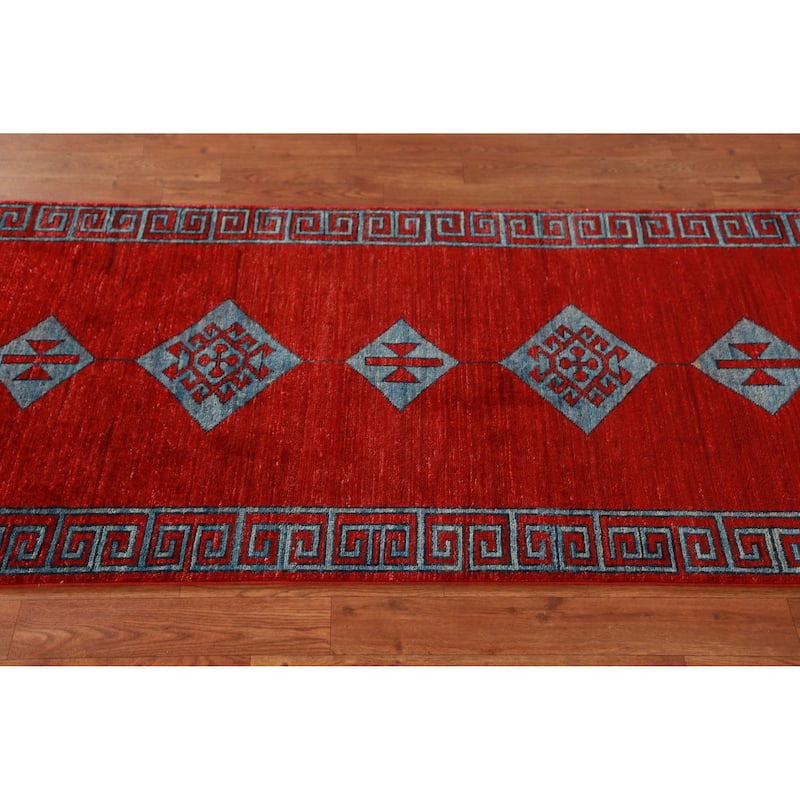 Hand Knotted Oriental 100% Wool Carpet Traditional Geometric Red Kazak Runner Rug - 14' 10'' X 2' 7''