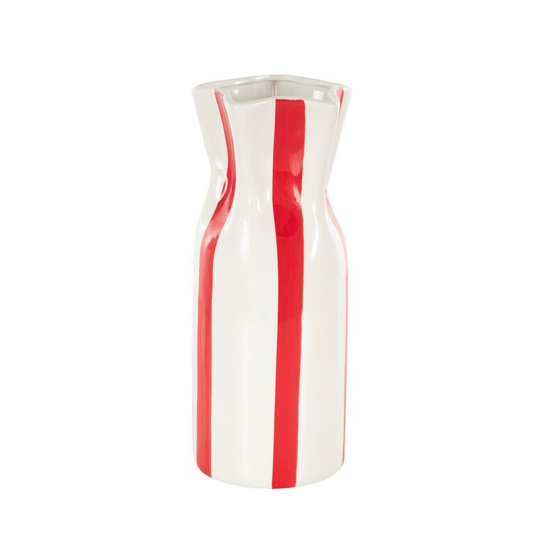 White Ceramic Round Decorative Vase with Light Teal or Red Vertical Stripes