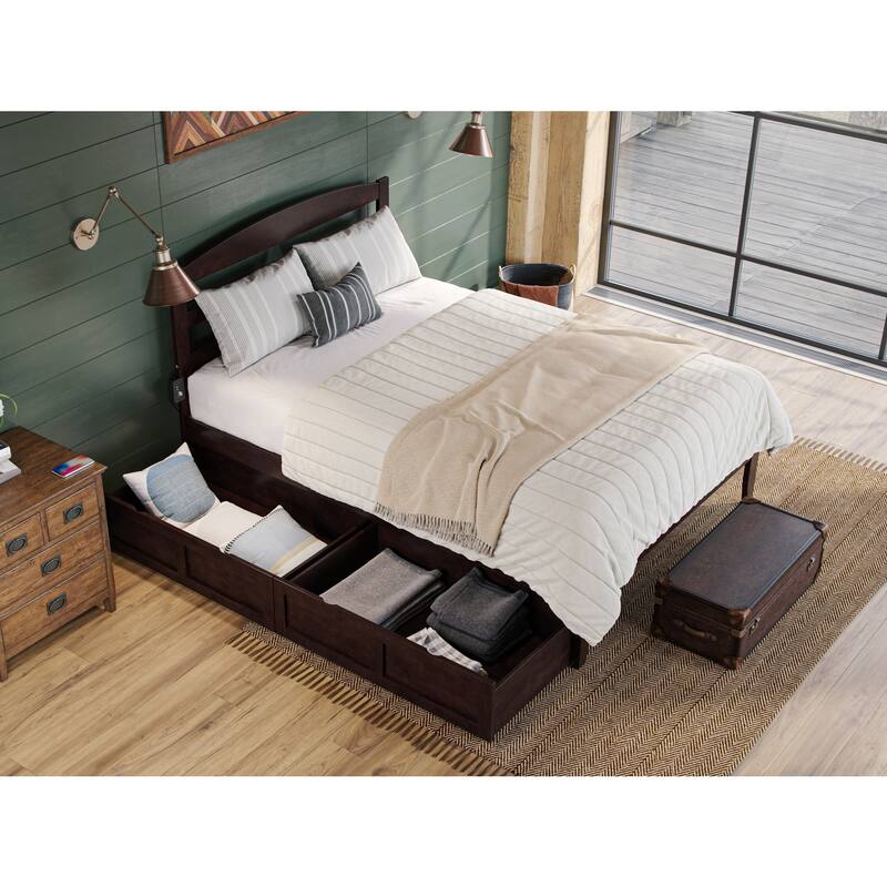 Full Espresso Wood Platform Bed with Two Storage Drawers and Turbo Charger for Convenient Bedroom Storage