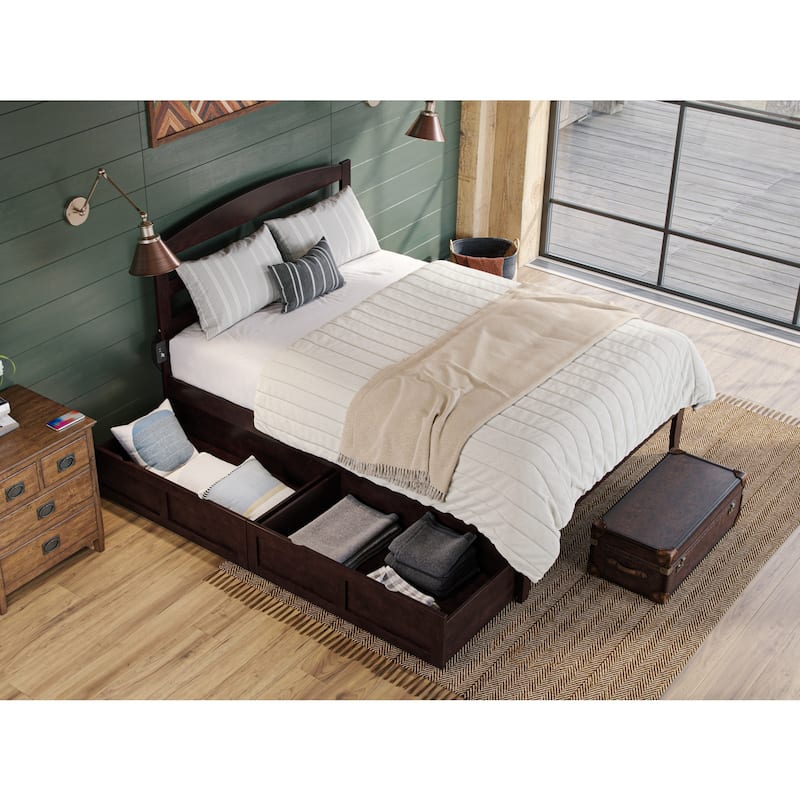 Queen Platform Bed with Storage & USB Charger - Solid Wood Bed Frame, Espresso Finish
