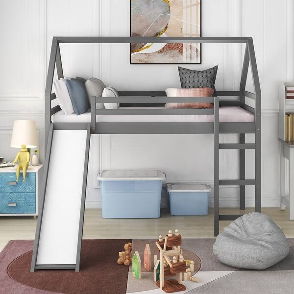 slide 2 of 29, Stylish and Playful Design Wood Loft Bed with Slide, Ladder and Roof, Twin size Grey