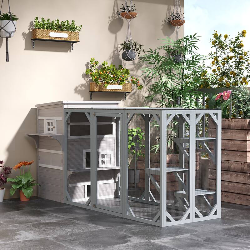PawHut 3-Story Cat House Feral Cat Shelter, Outdoor Kitten Condo - Grey
