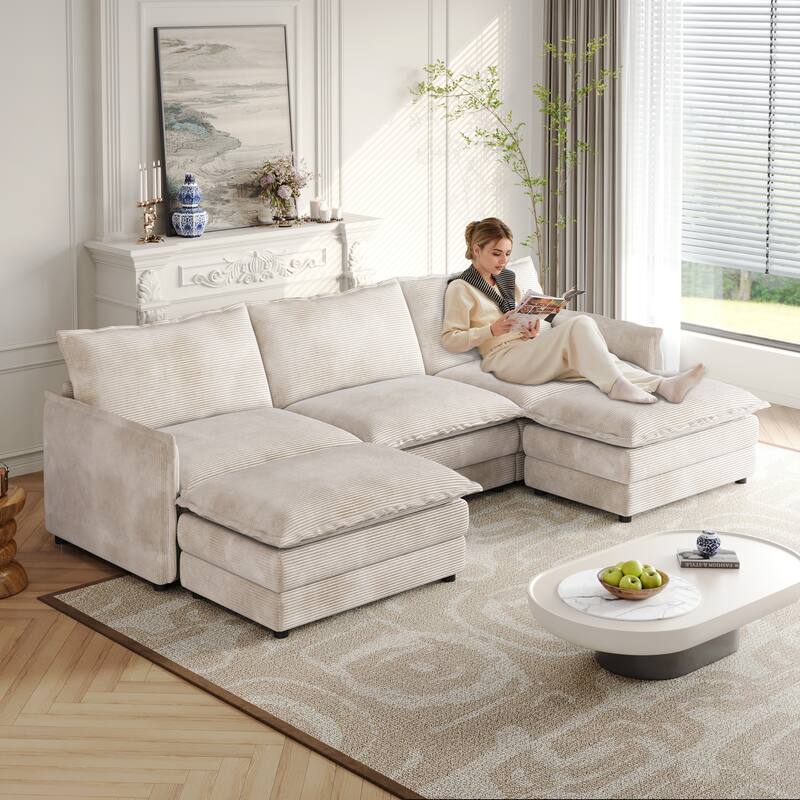 Corduroy Upholstered Modular Sectional Sofa U Shaped Cloud Couches with 2 Ottomans