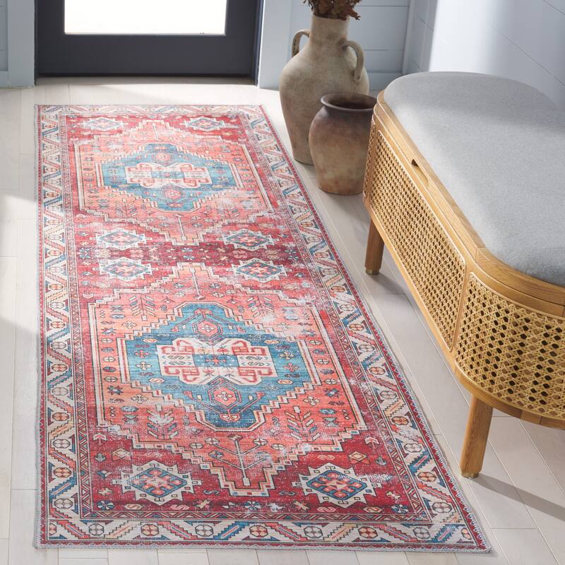 SAFAVIEH Arizona Suzel Machine Washable Slip Resistant Rug - 2'6" x 8' Runner - Red/Blue