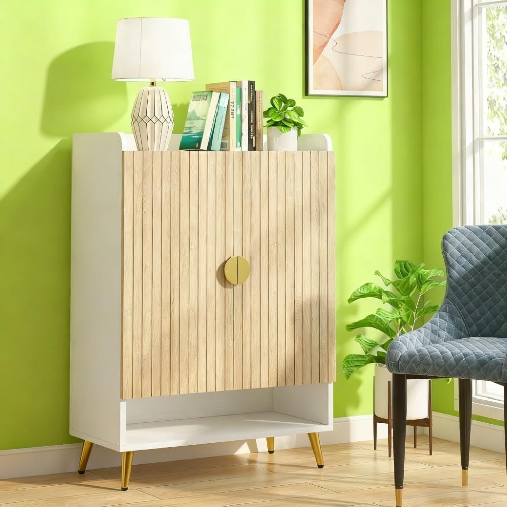 7-Tier Shoe Storage Cabinet, Wooden Shoe Cabinet for Living Room, Natural+Gold