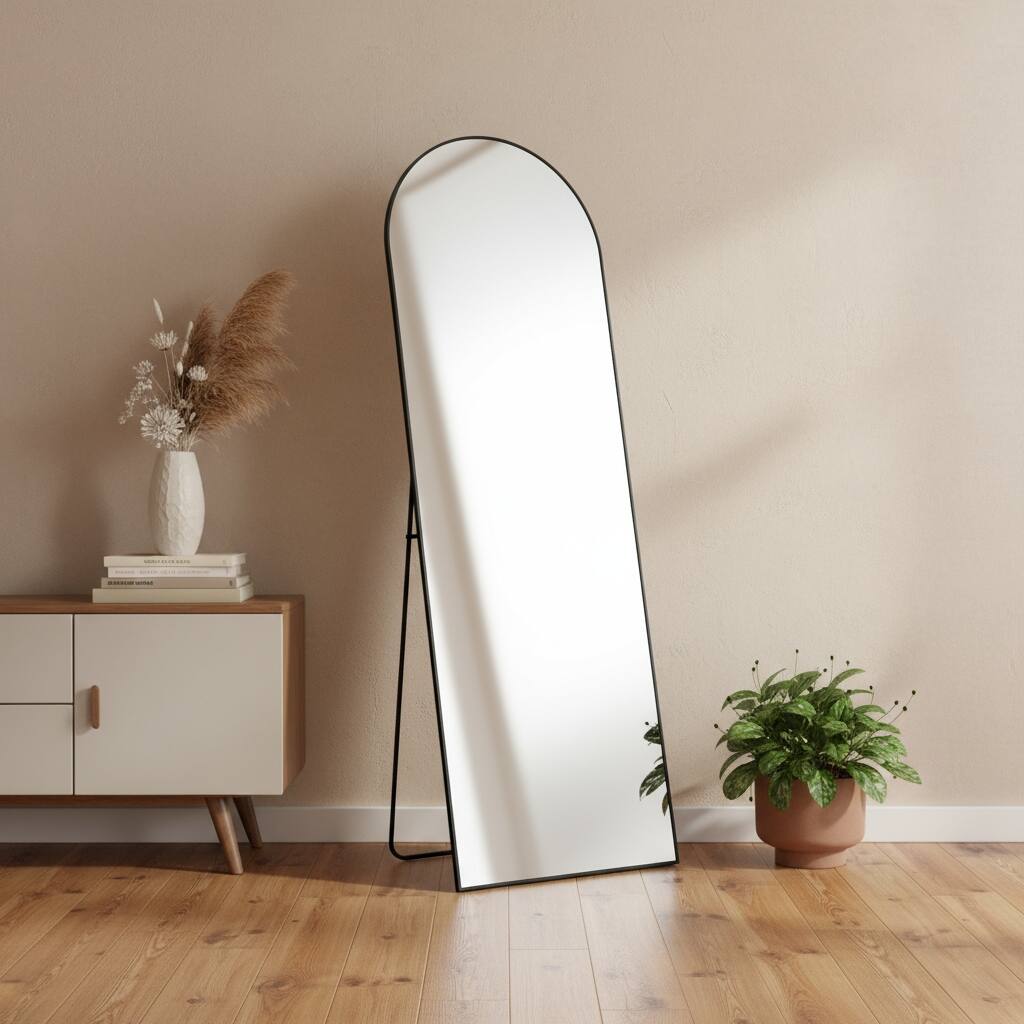 HomeRoots 63" Black Metal Arch Freestanding and Wall Mount Framed Full Length Mirror - 20.00 in. x 63.00 in. x 0.50 in.